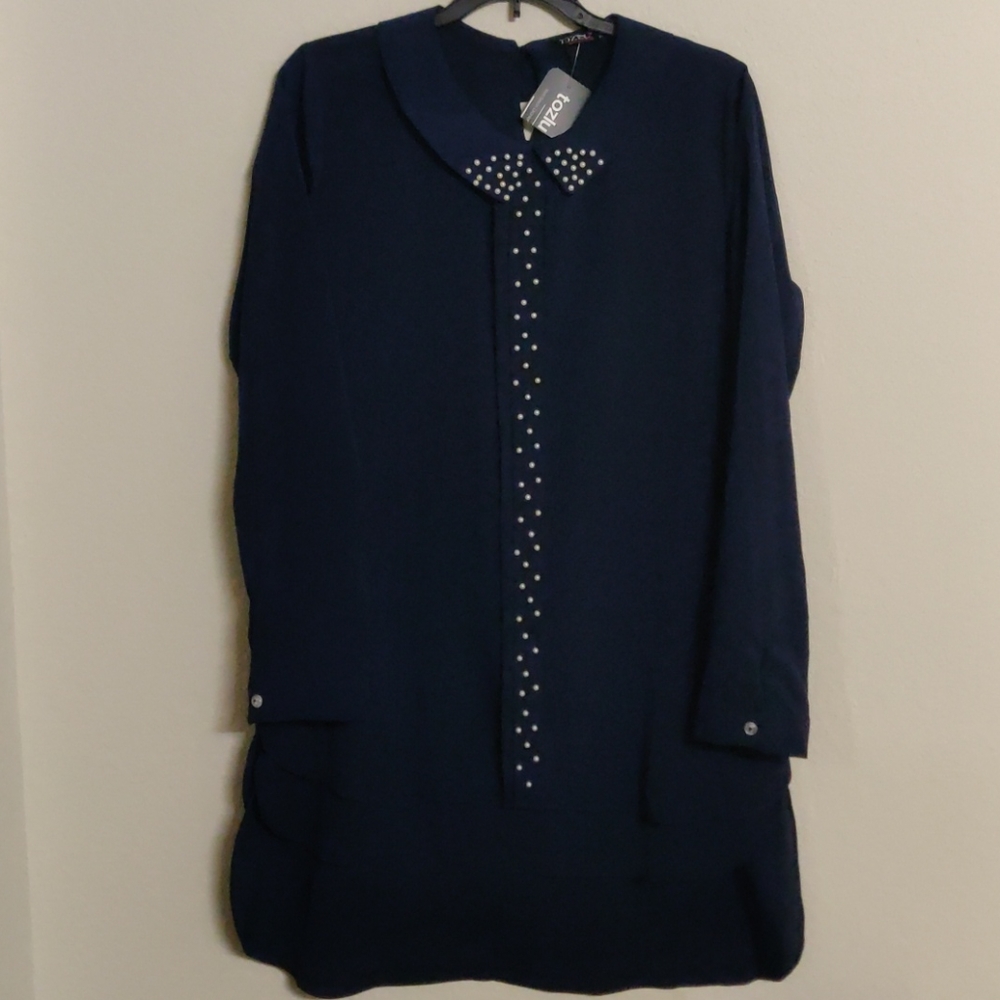 Navy Blue Long Sleeve Blouse w Pearl